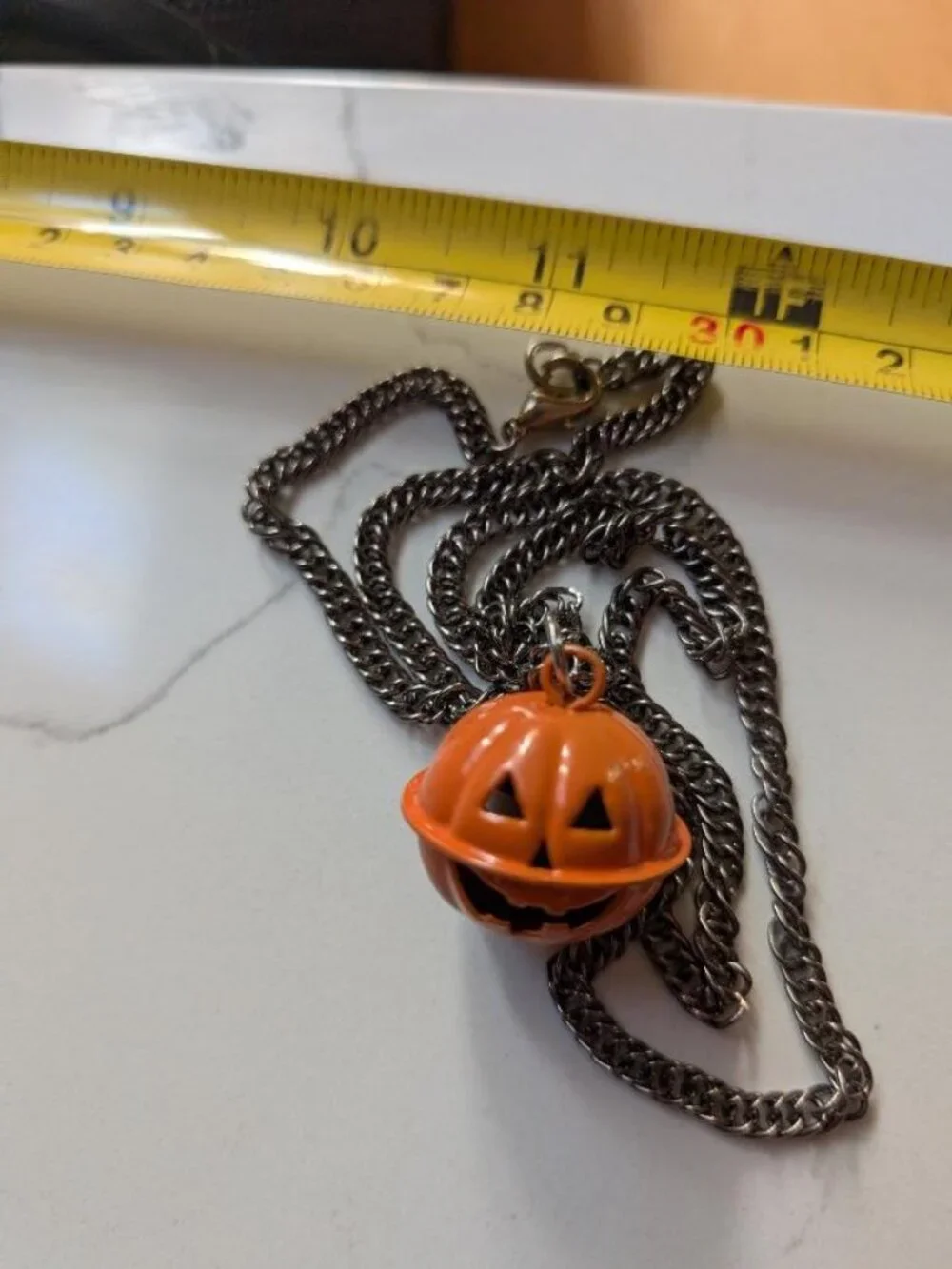 Large Vintage Halloween Metal Orange Jack-o-Lantern Pumkin Bell Pendant Necklace